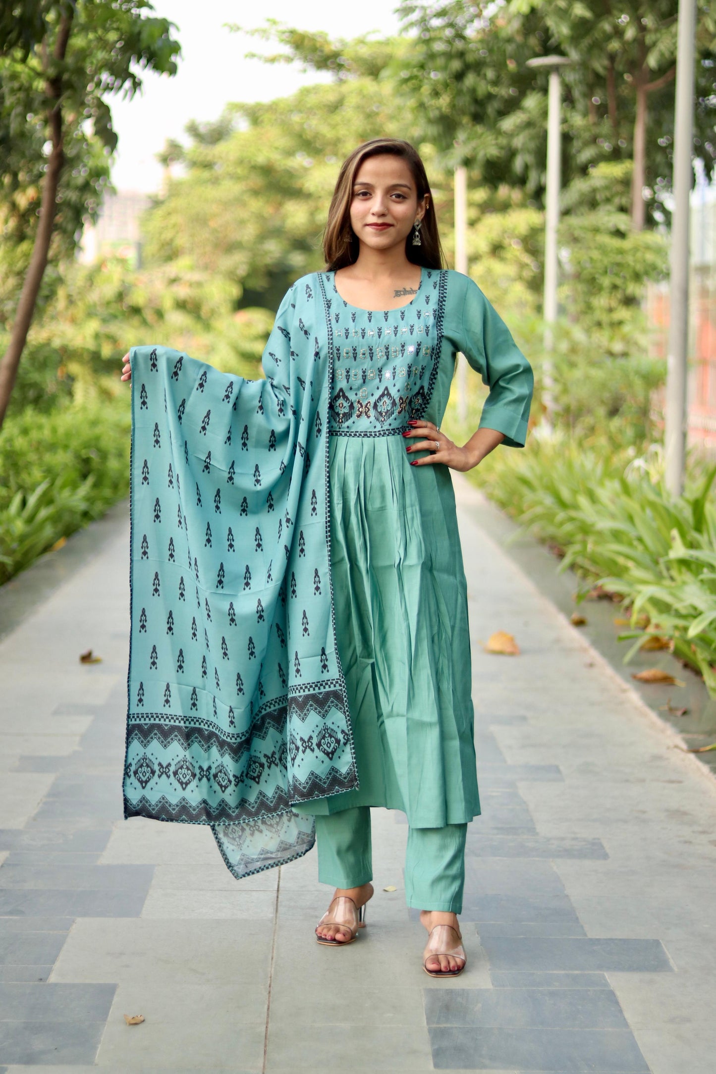 Roman Silk Ghera Kurta Set printed designer set