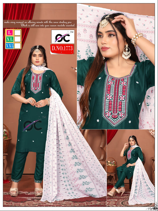 Roman Silk 3pc set neck work with white Printed dupatta