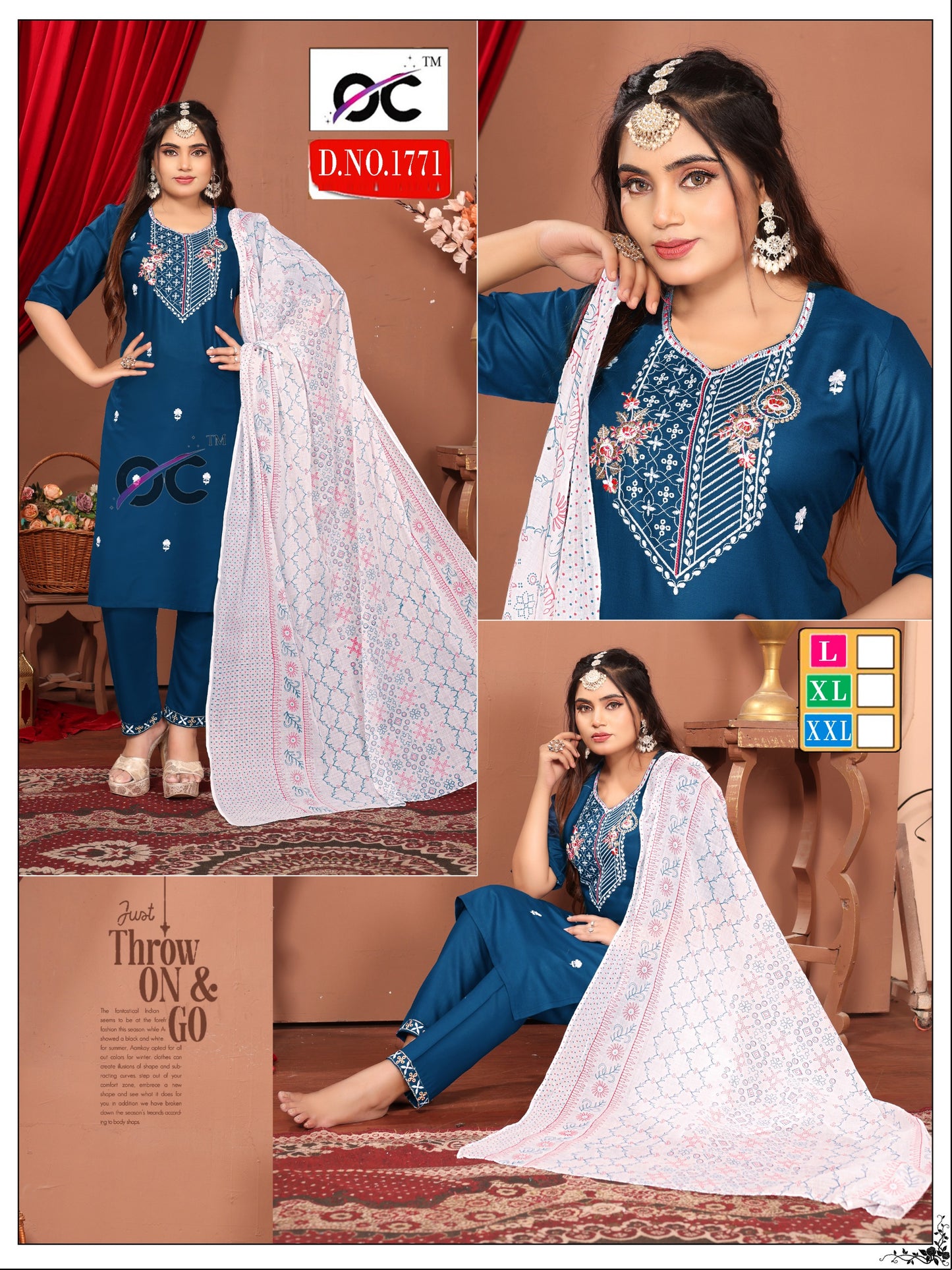 Roman Silk 3pc set neck work with white Printed dupatta