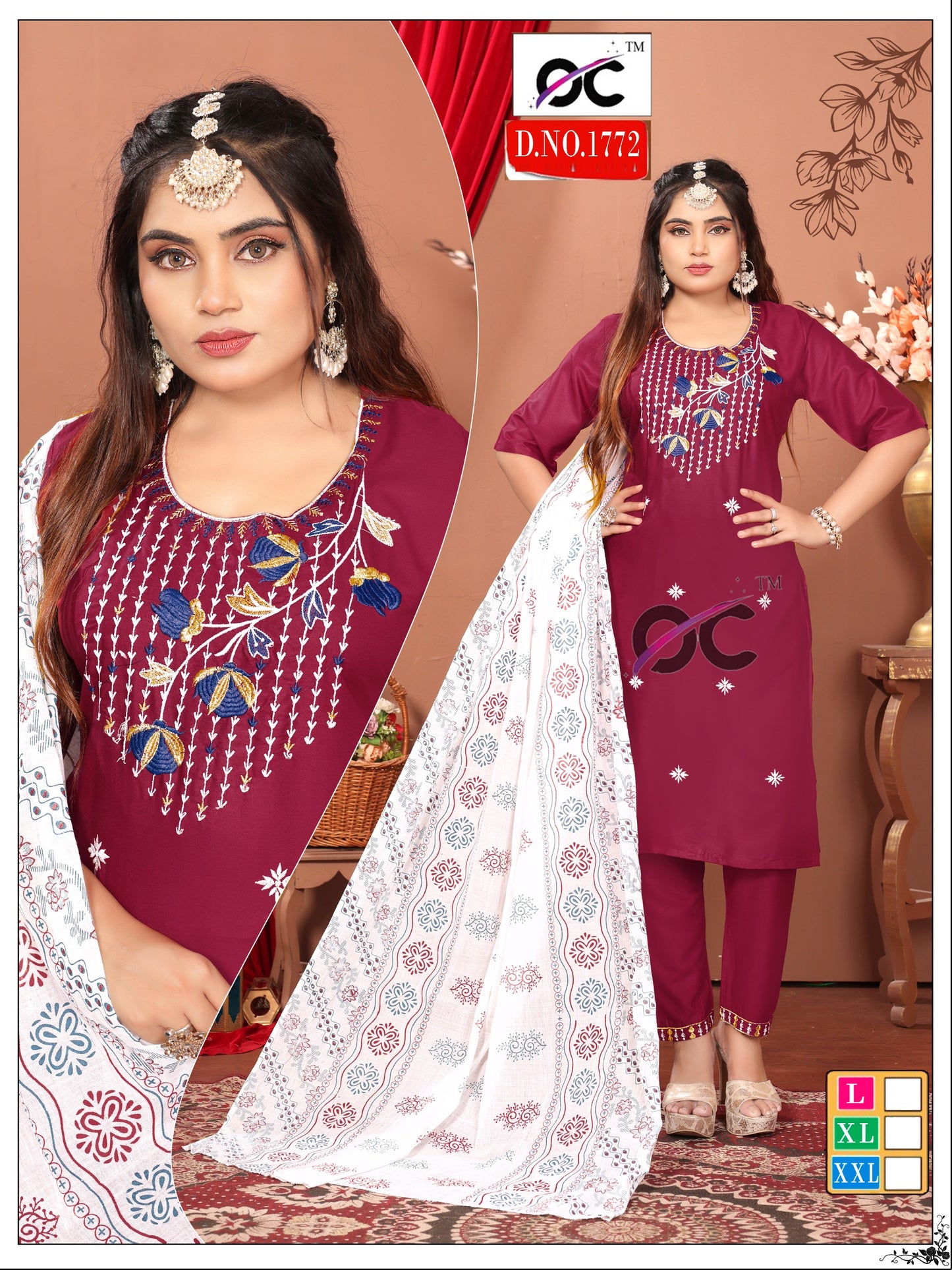 Roman Silk 3pc set neck work with white Printed dupatta