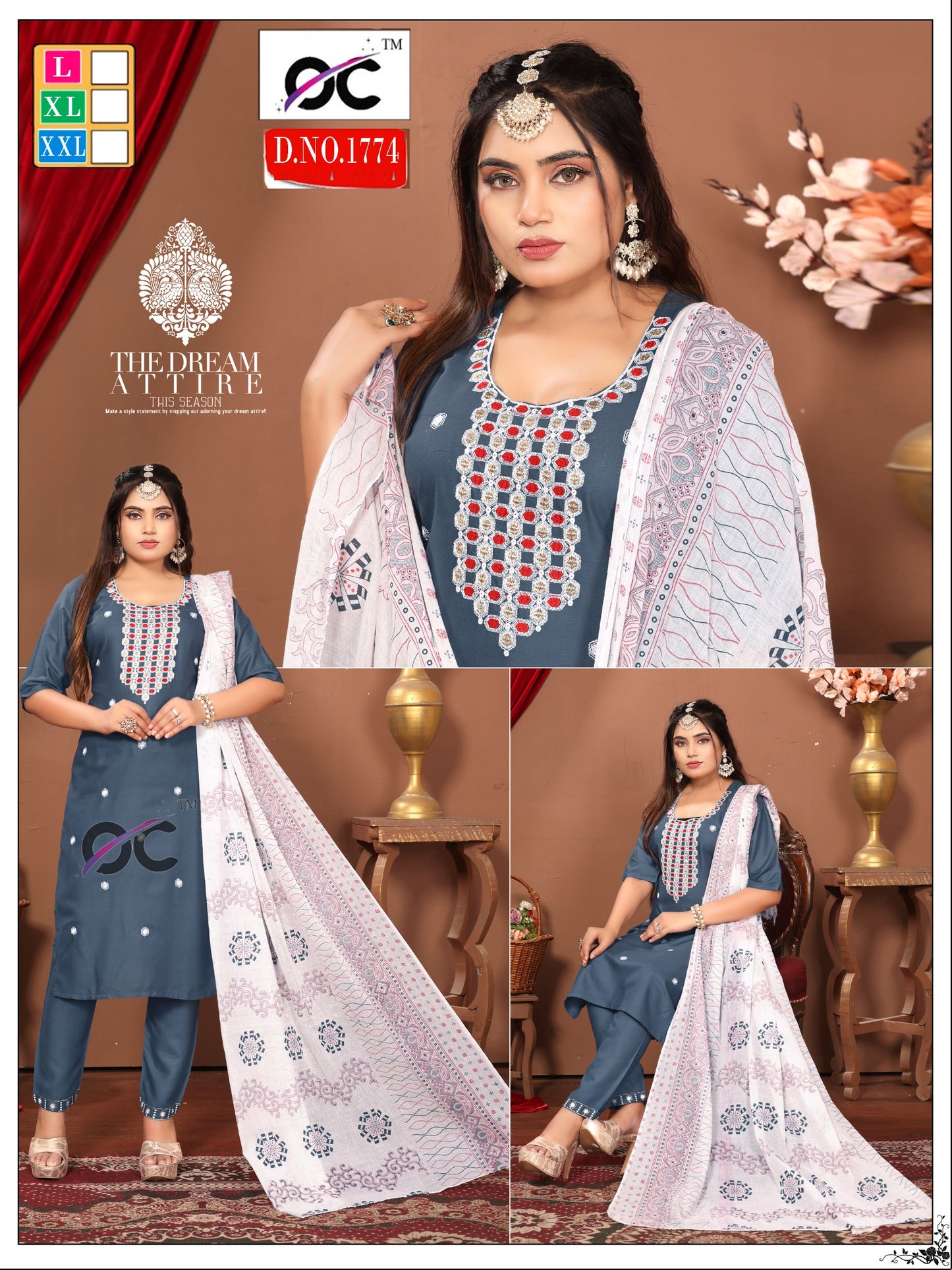 Roman Silk 3pc set neck work with white Printed dupatta