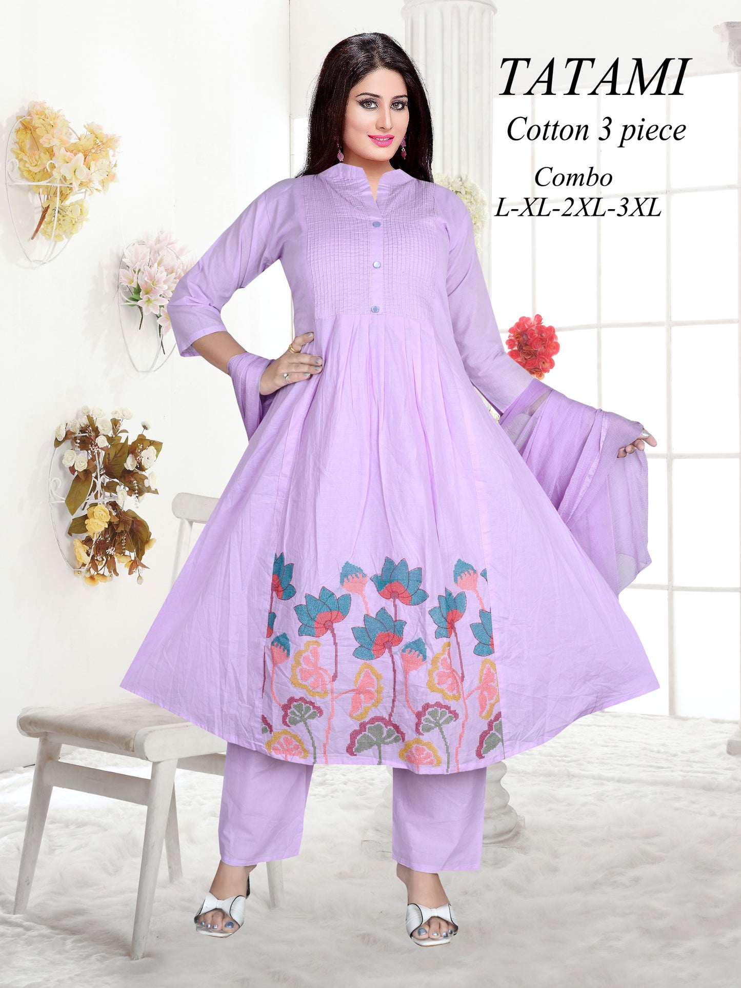 Beautiful Cotton Frock Tulip Embroided kurti 3pc set
