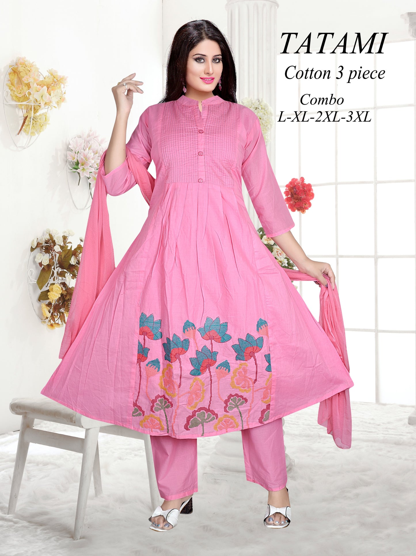 Beautiful Cotton Frock Tulip Embroided kurti 3pc set