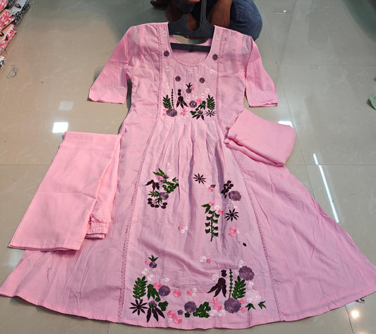 Mull Cotton Embroidered Anarkali 3pc Set