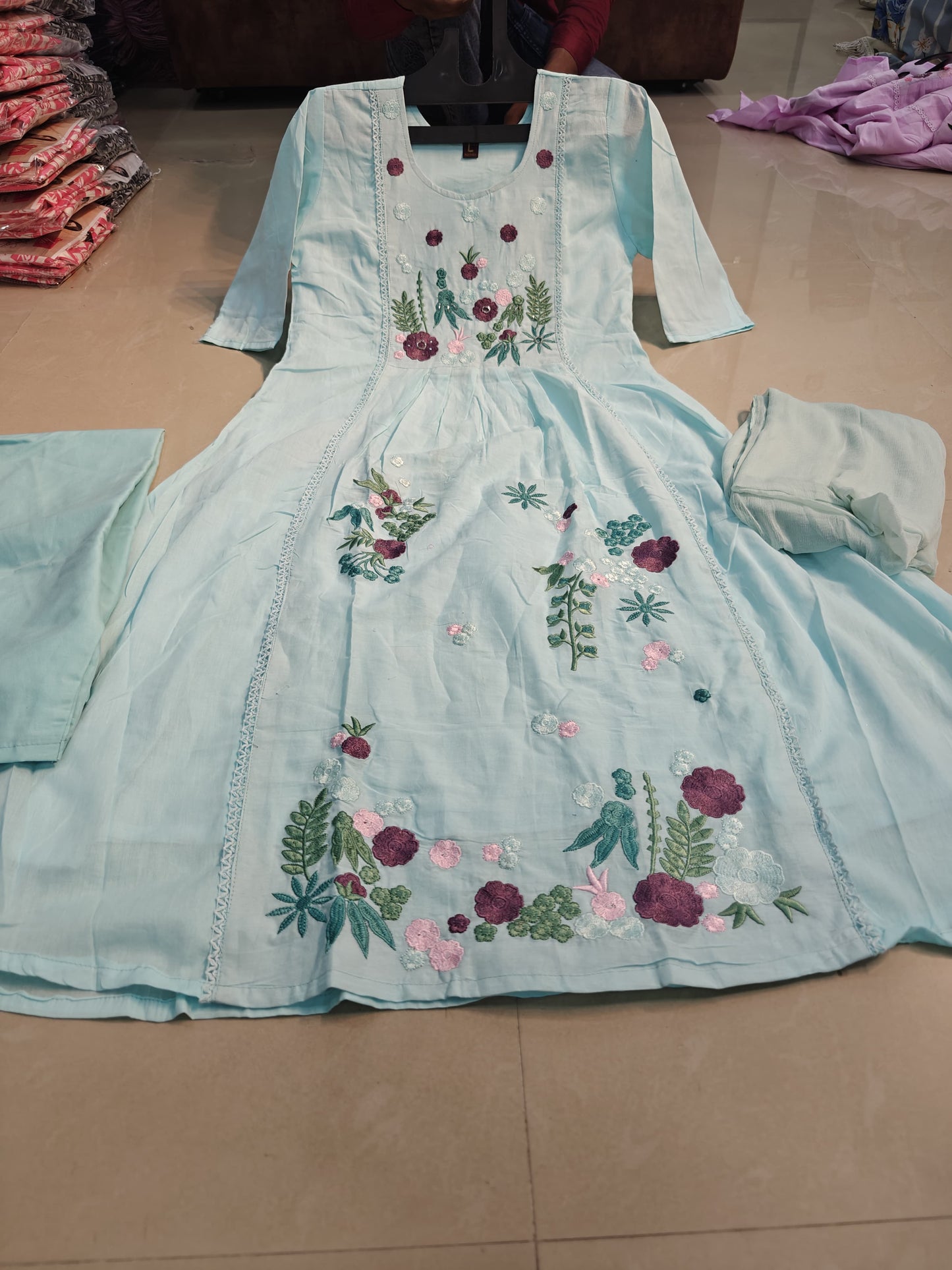 Mull Cotton Embroidered Anarkali 3pc Set