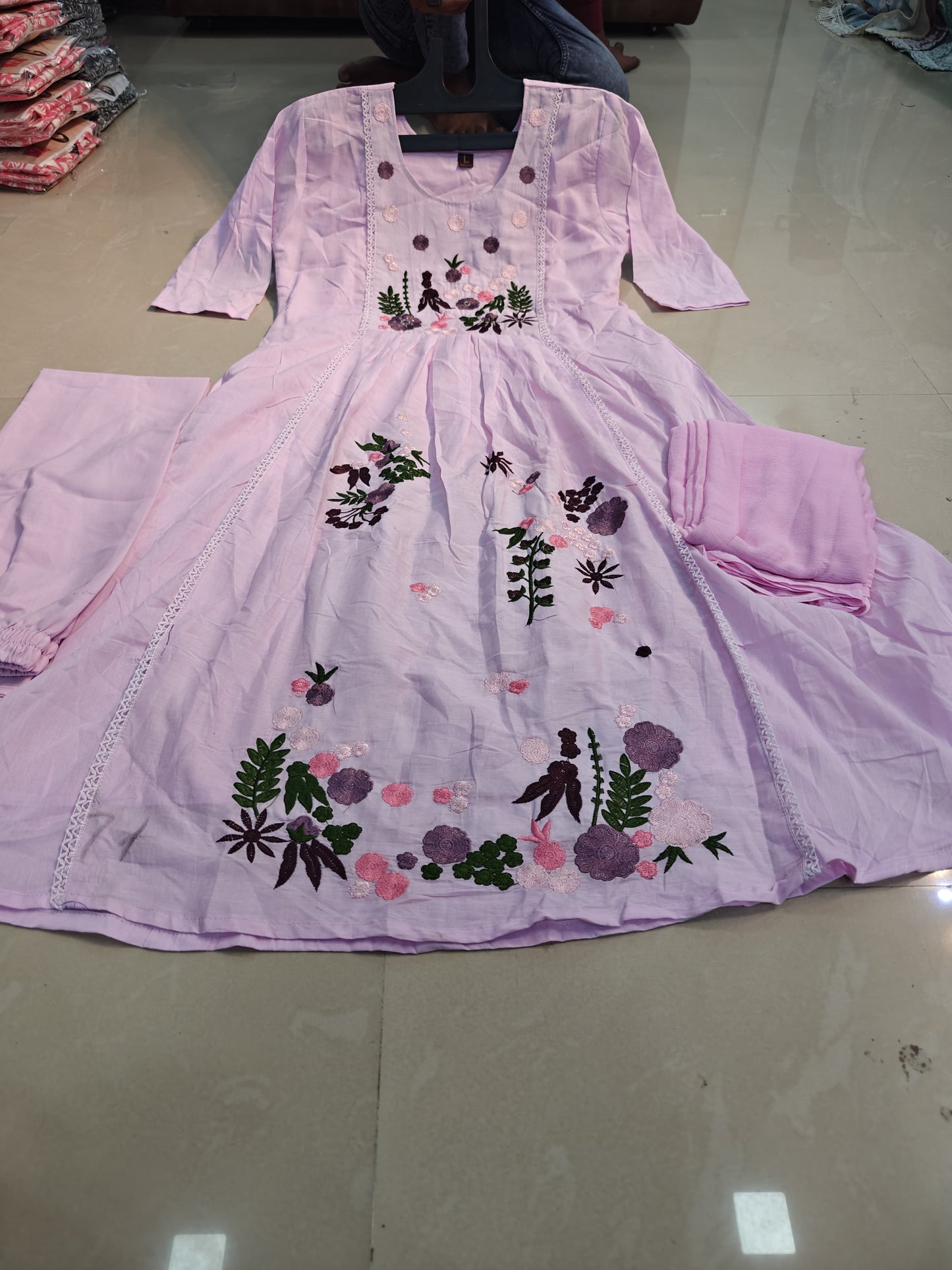 Mull Cotton Embroidered Anarkali 3pc Set