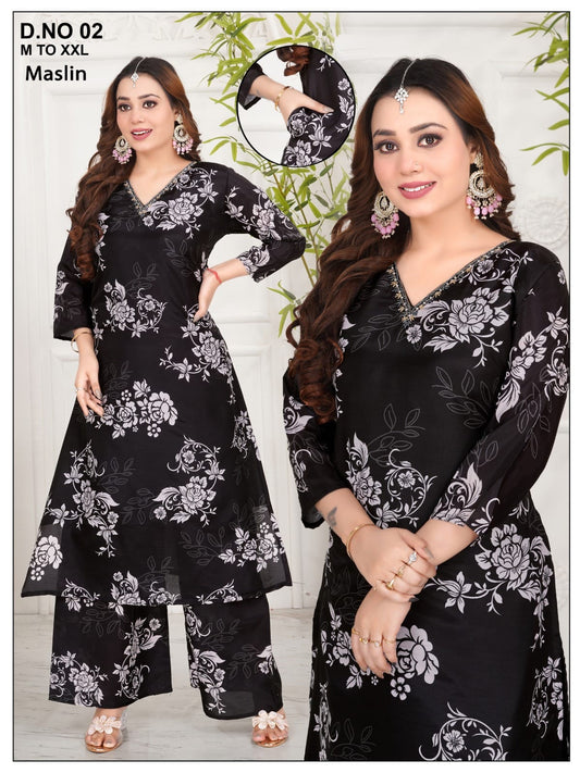 Women's Maslin Printed Kurta &amp; Palazzo Set