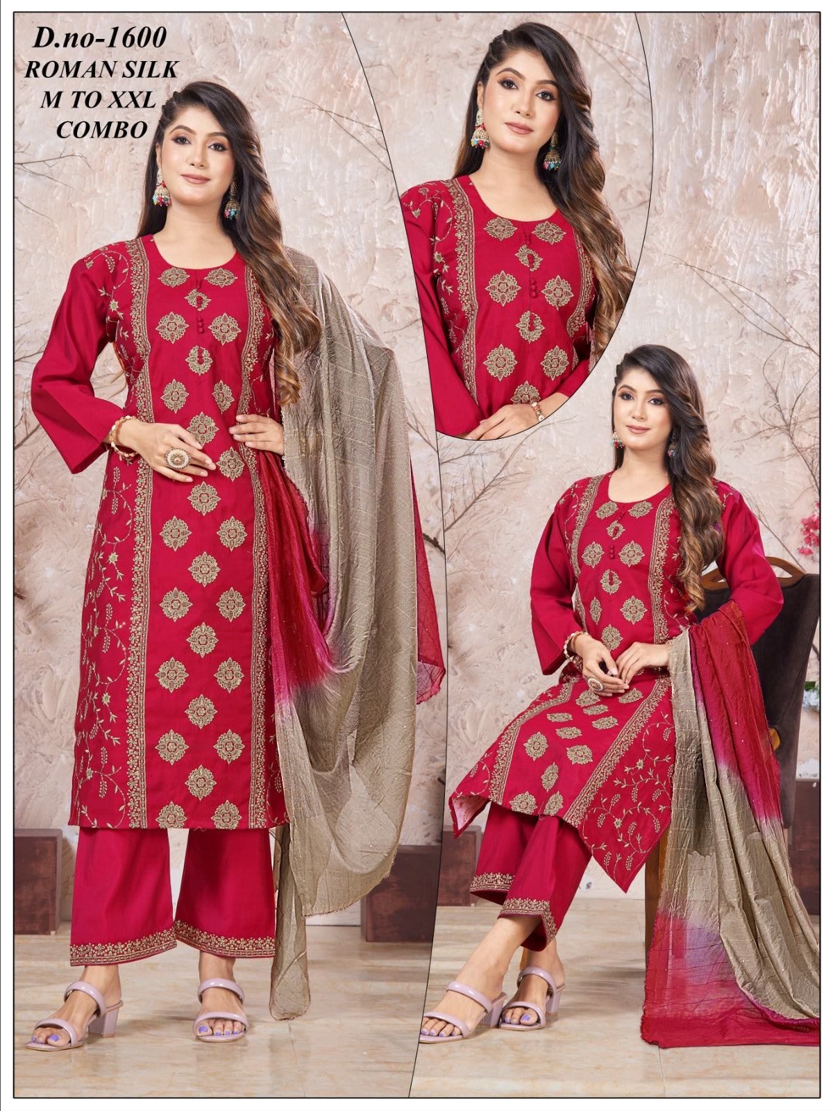 Women's Roman Silk Gold Touch Embroidery 3pc Suit Set