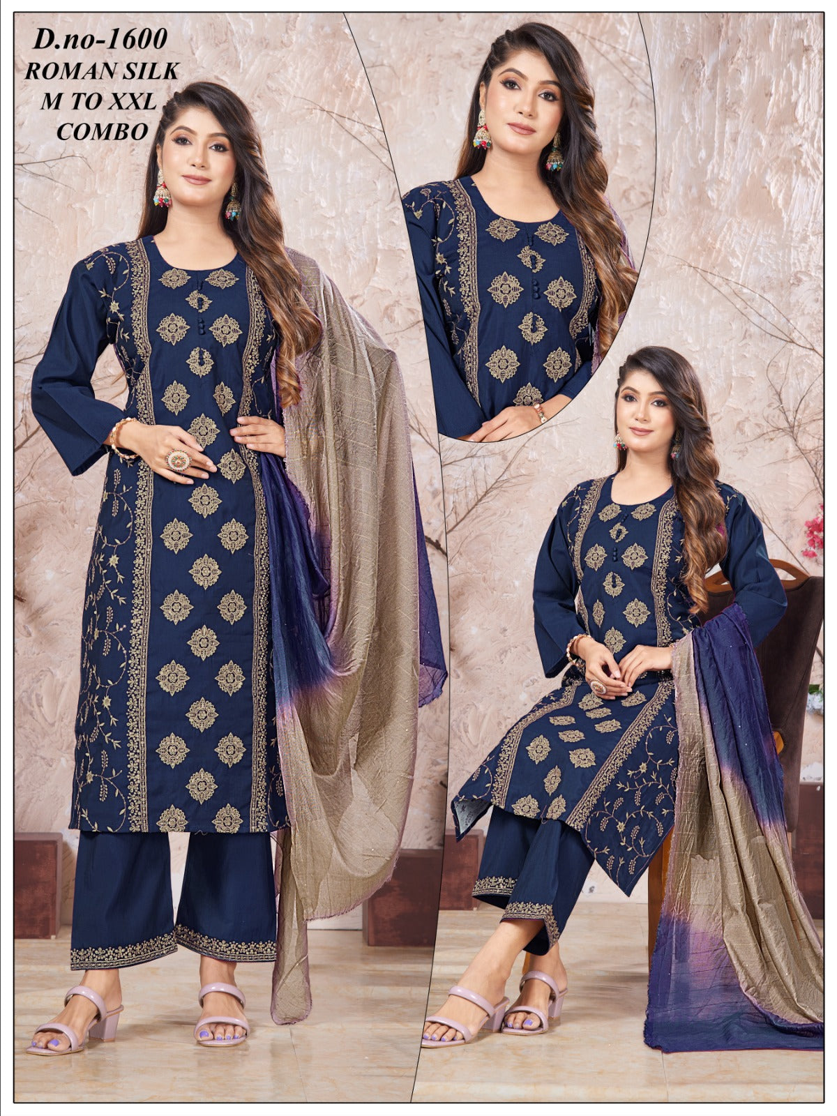 Women's Roman Silk Gold Touch Embroidery 3pc Suit Set