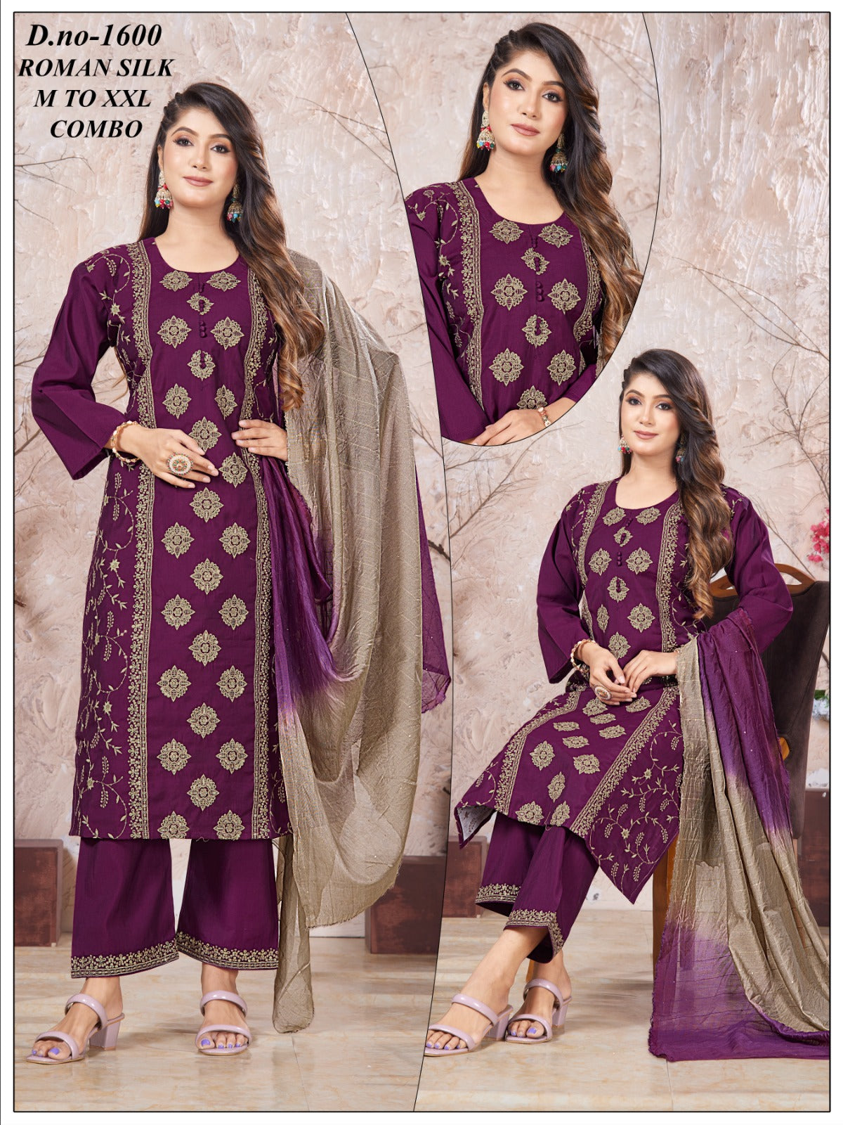 Women's Roman Silk Gold Touch Embroidery 3pc Suit Set