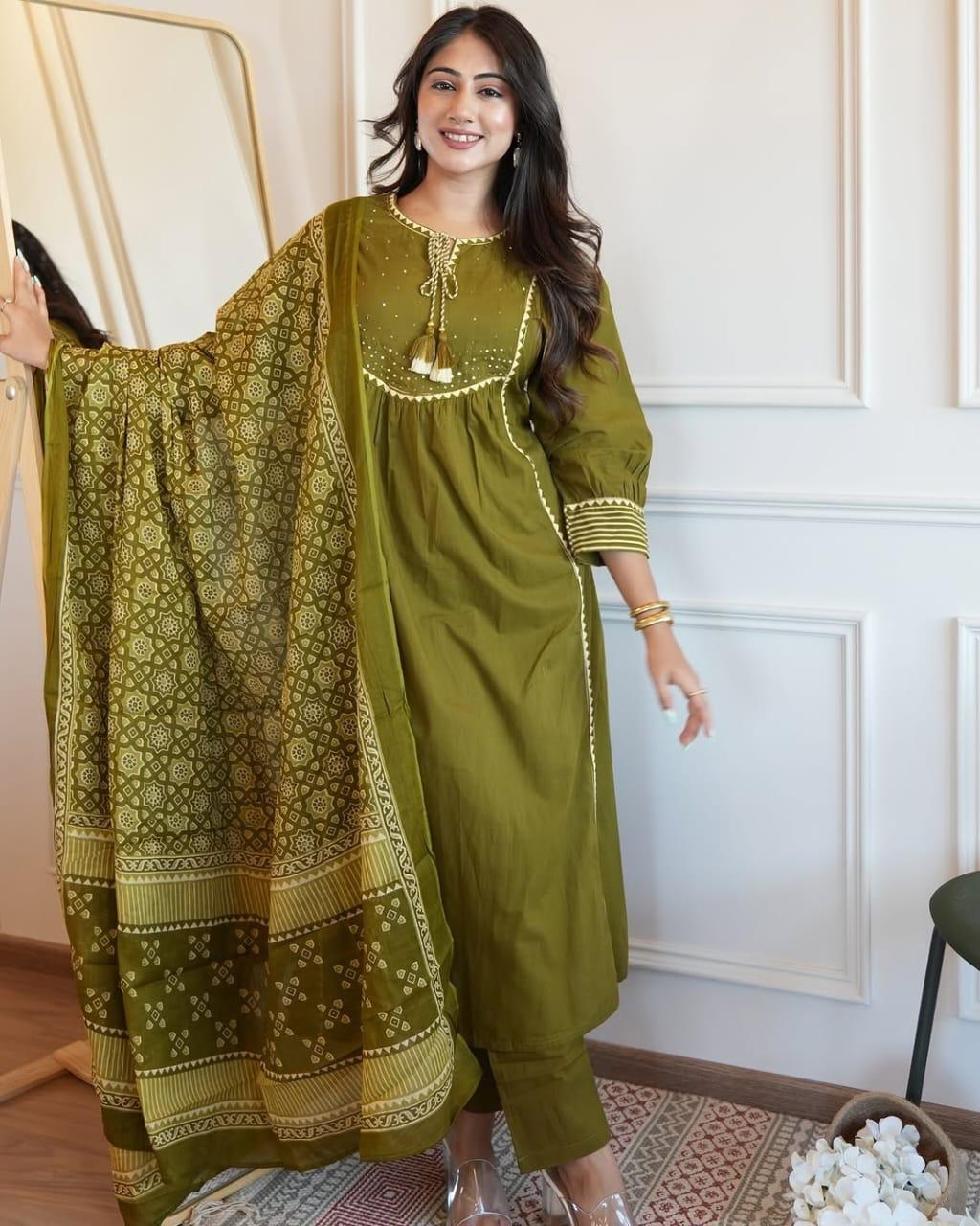 Pure Fine Cotton Kurti with Pant and Dupatta Set