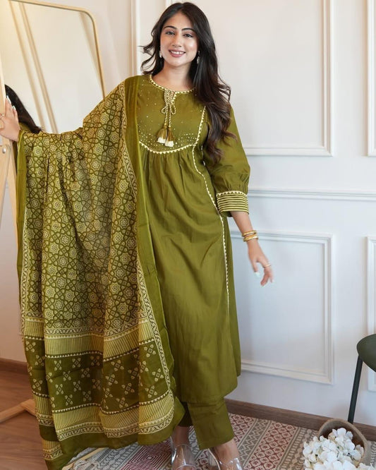 Pure Fine Cotton Kurti with Pant and Dupatta Set