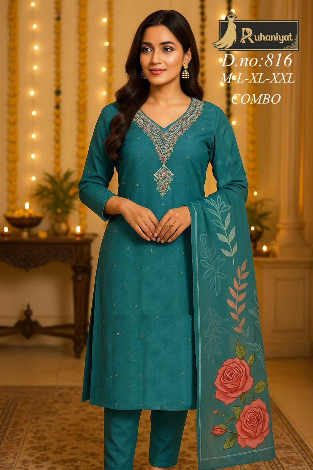 Roman silk 3pc neck embroidery with digital print dupatta