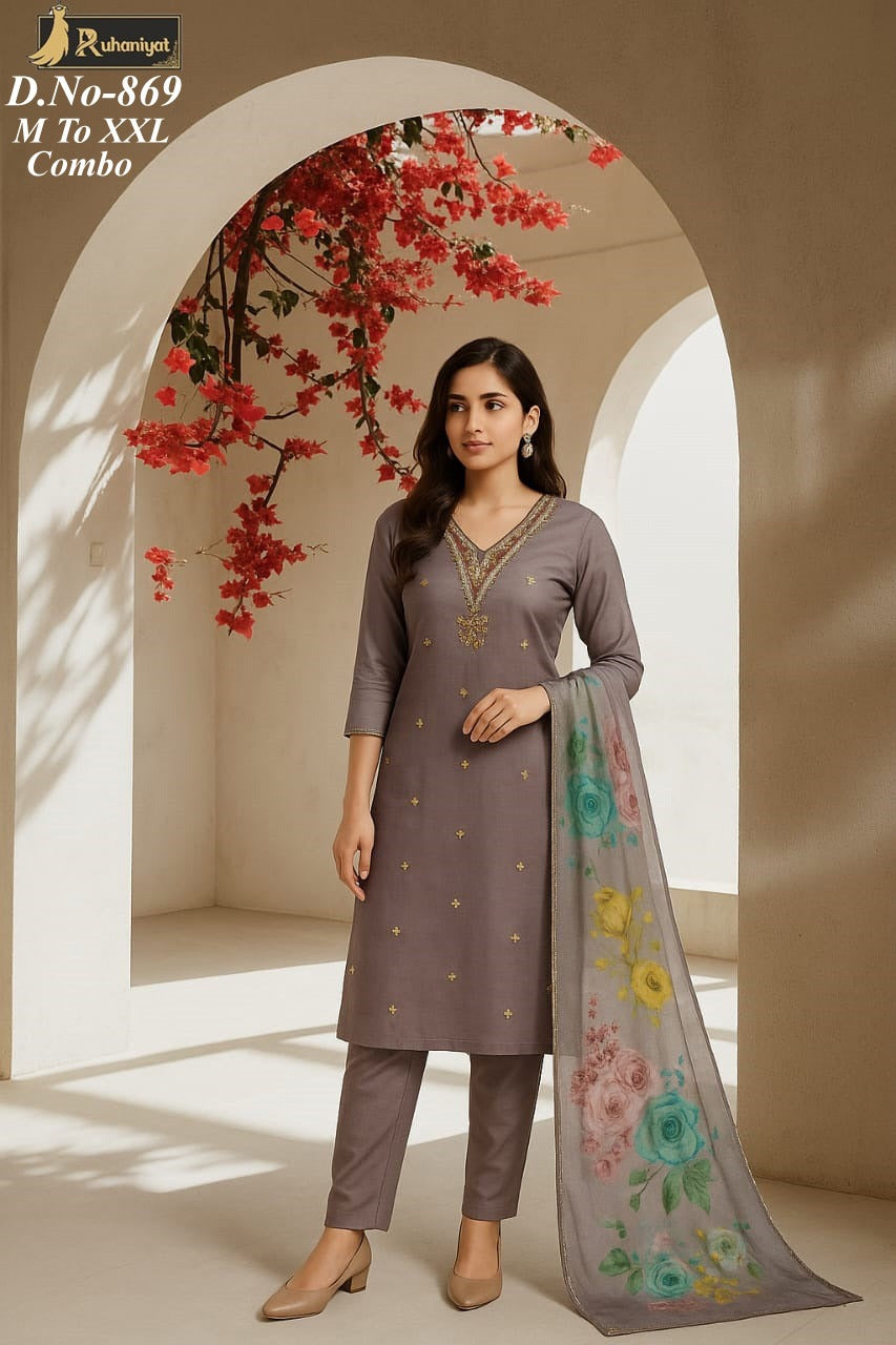 Roman silk 3pc neck embroidery with digital print dupatta