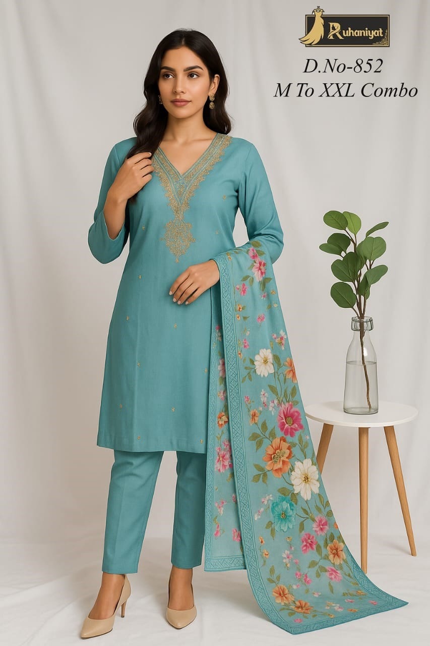 Roman silk 3pc neck embroidery with digital print dupatta