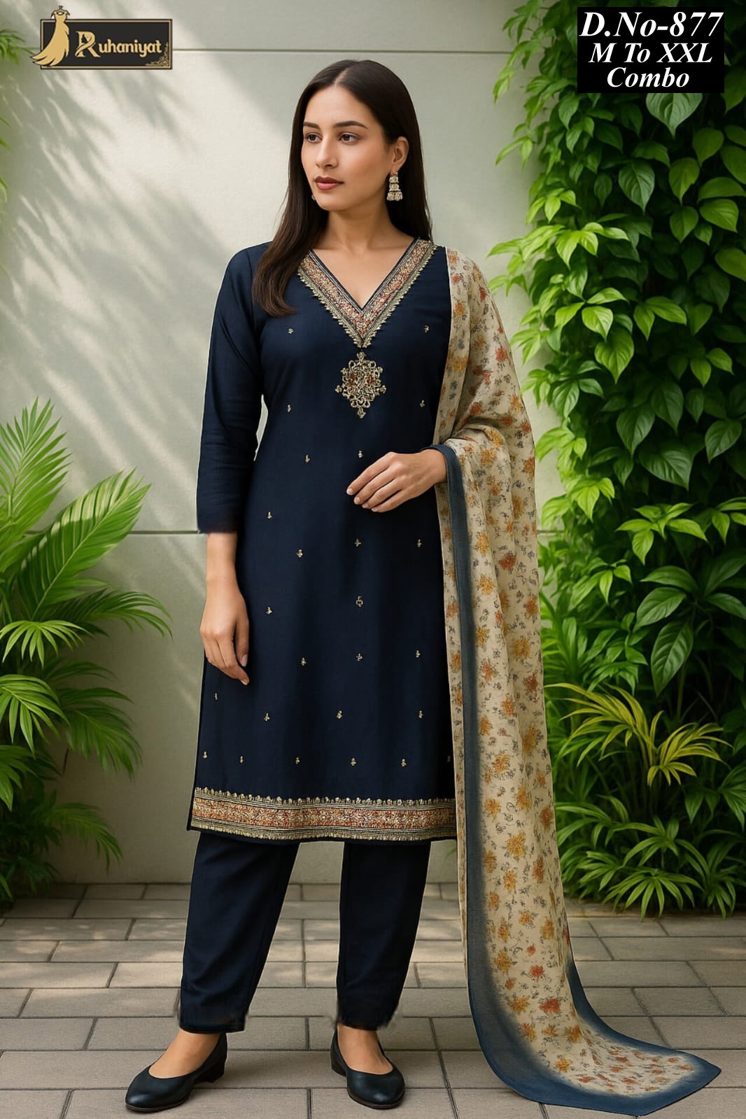 Roman silk 3pc neck embroidery with digital print dupatta