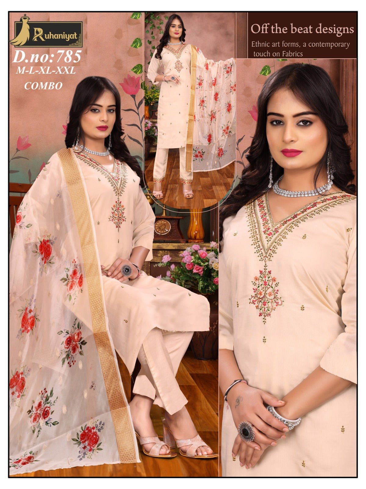 Roman silk 3pc neck embroidery with digital print dupatta