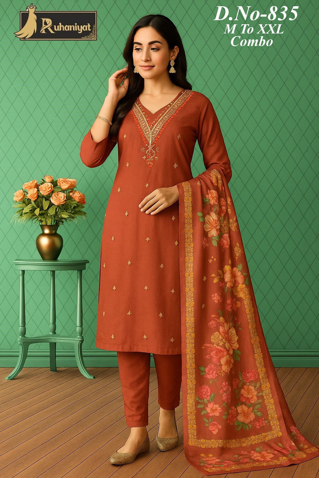 Roman silk 3pc neck embroidery with digital print dupatta