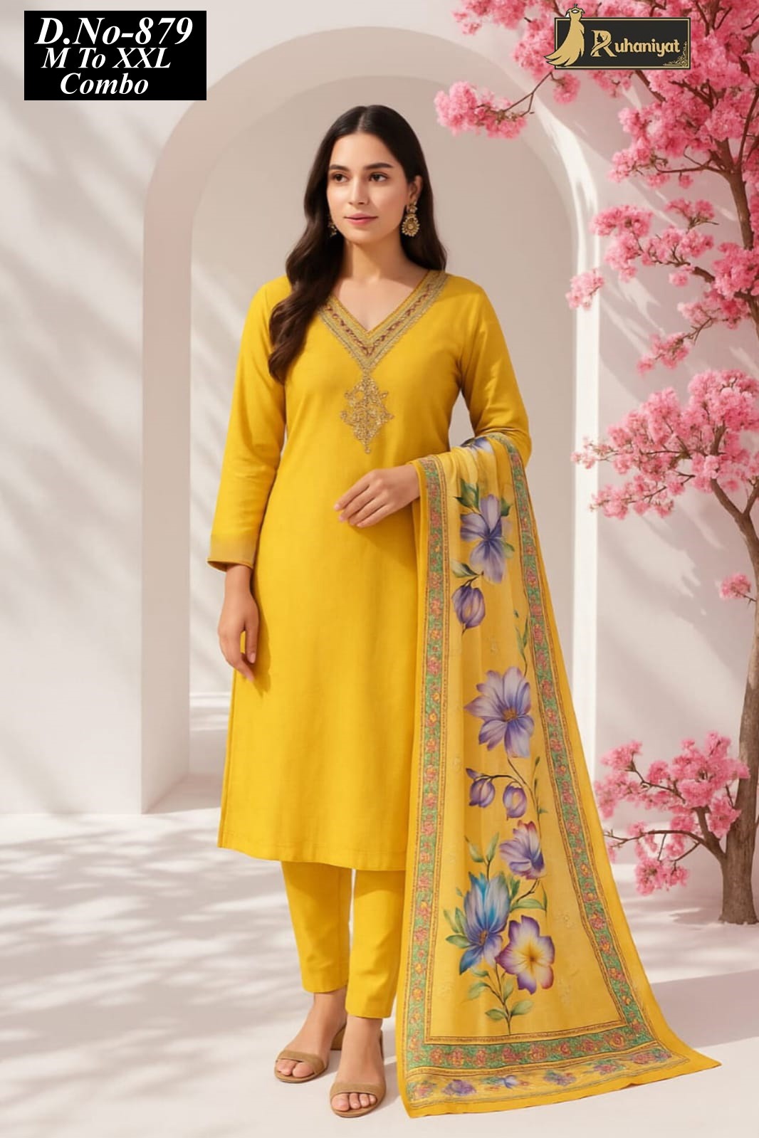 Roman silk 3pc neck embroidery with digital print dupatta