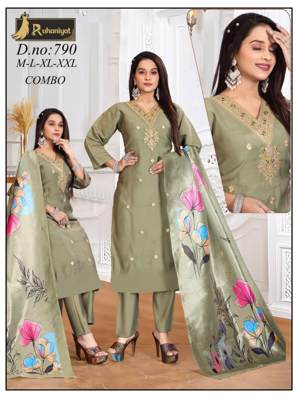 Roman silk 3pc neck embroidery with digital print dupatta