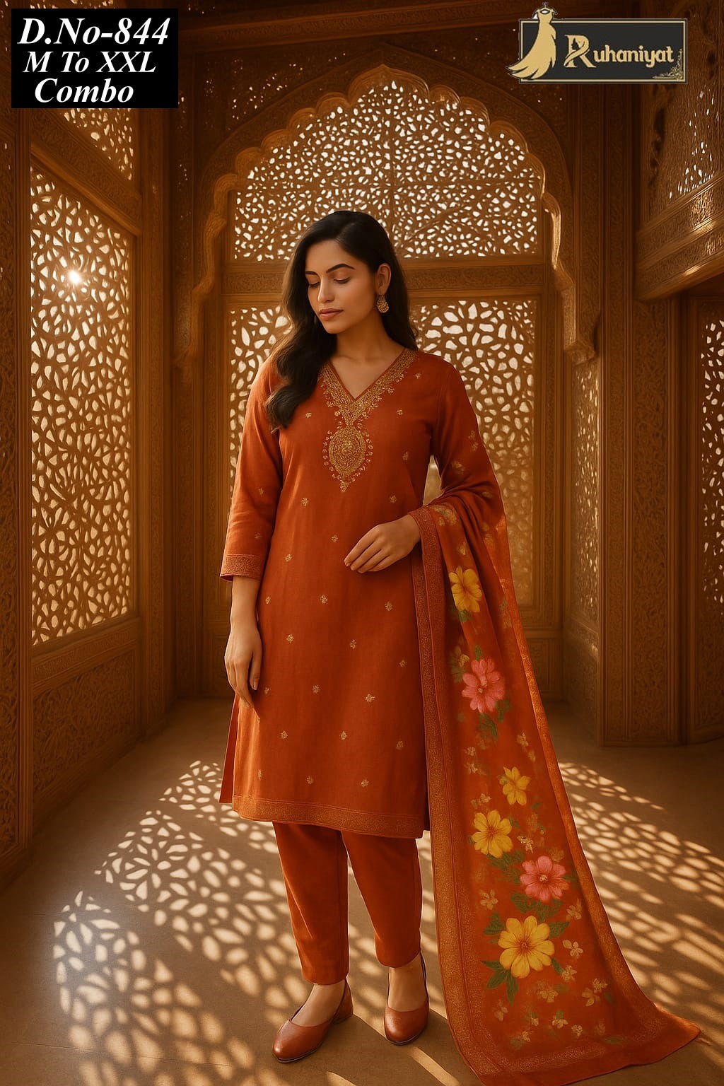 Roman silk 3pc neck embroidery with digital print dupatta