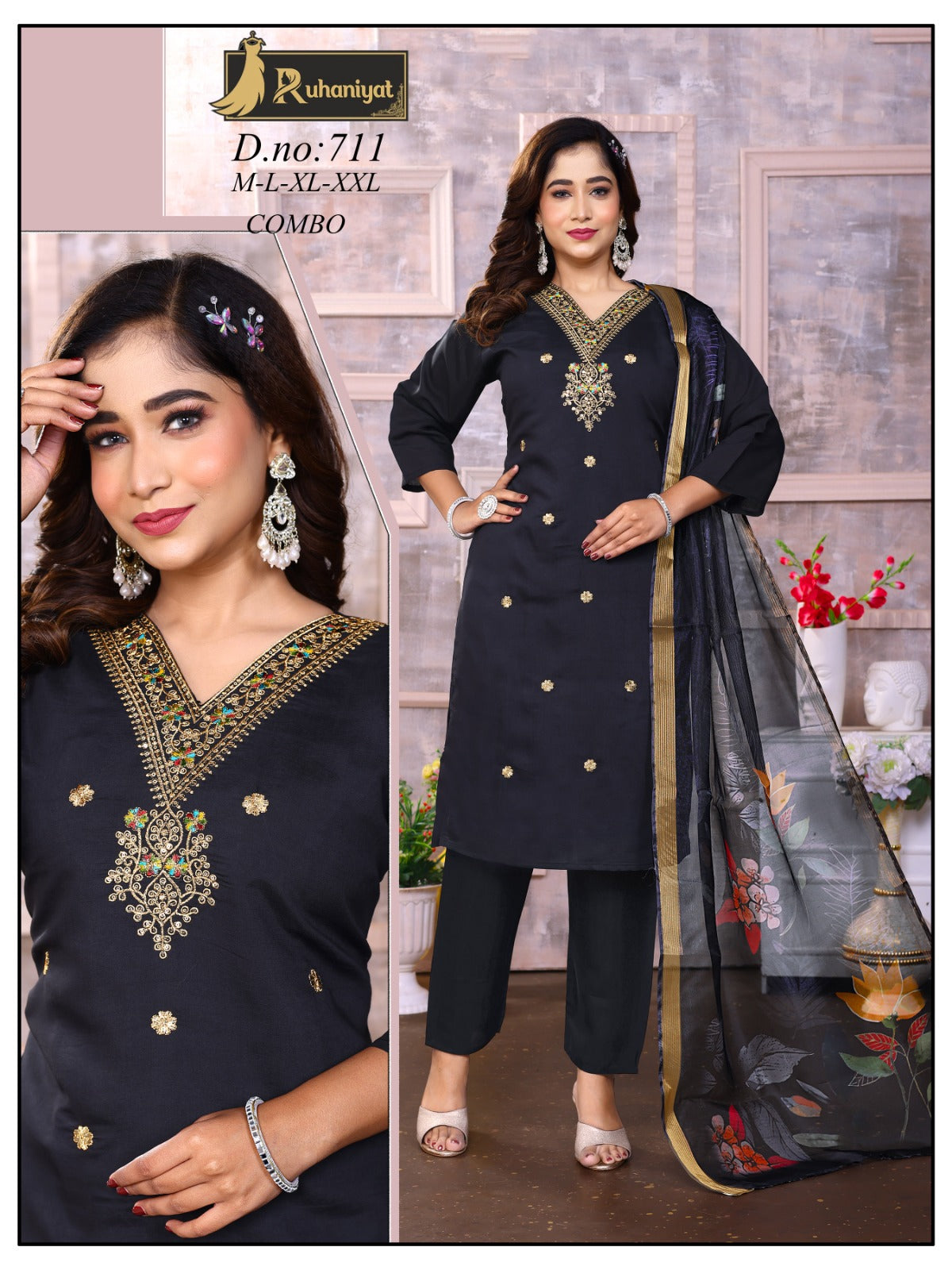 Roman silk 3pc neck embroidery with digital print dupatta