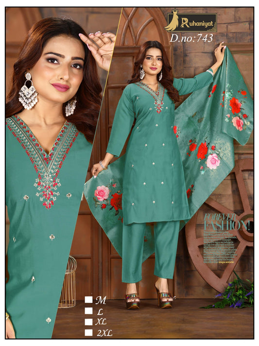 Roman silk 3pc neck embroidery with digital print dupatta