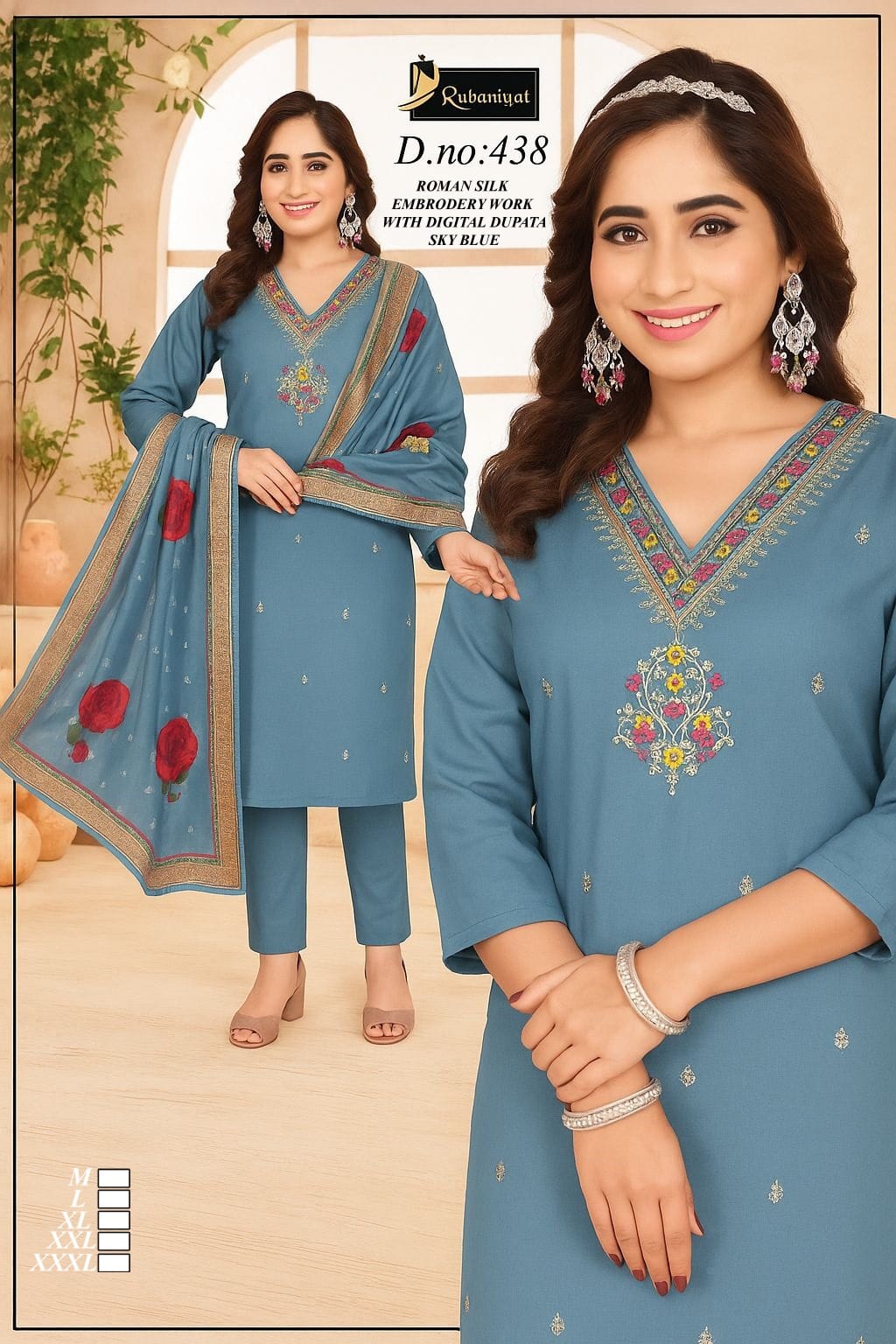 Roman silk 3pc neck embroidery with digital print dupatta