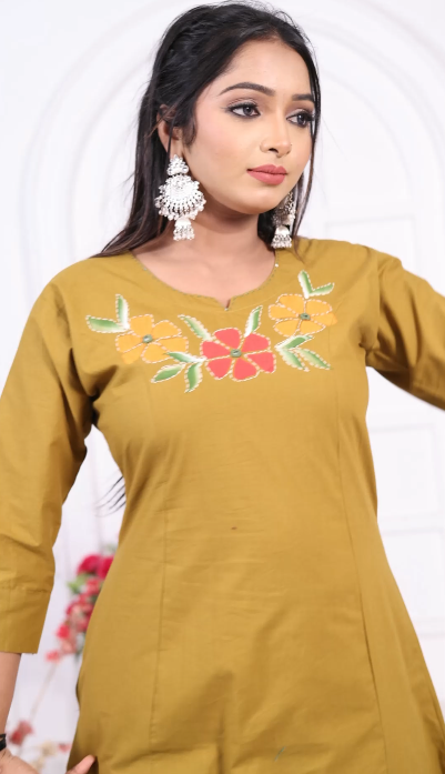 Stylish Yellow Ethnic Aline co-ord with Floral Kutch print