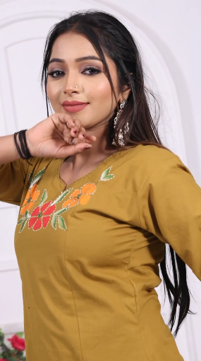 Stylish Yellow Ethnic Aline co-ord with Floral Kutch print