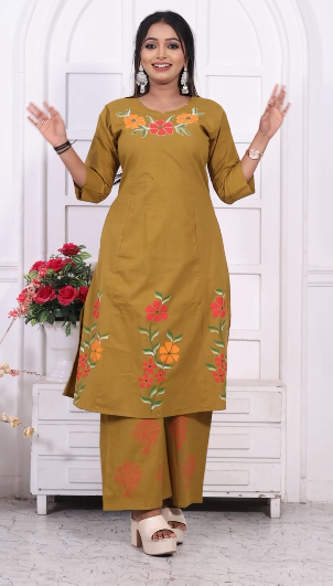 Stylish Yellow Ethnic Aline co-ord with Floral Kutch print