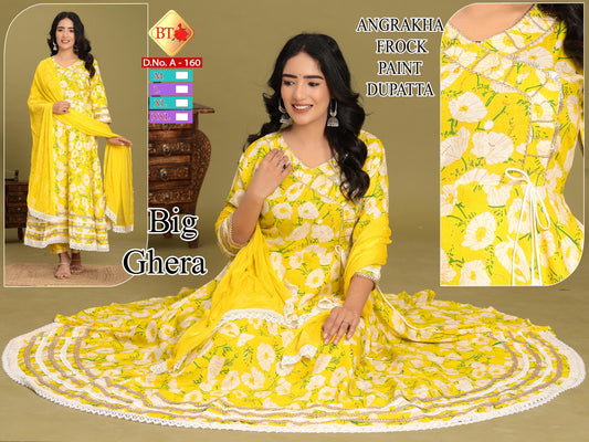 Angrakha Foil Floral Frock Set – 3pc Heavy Rayon Ghera Combo