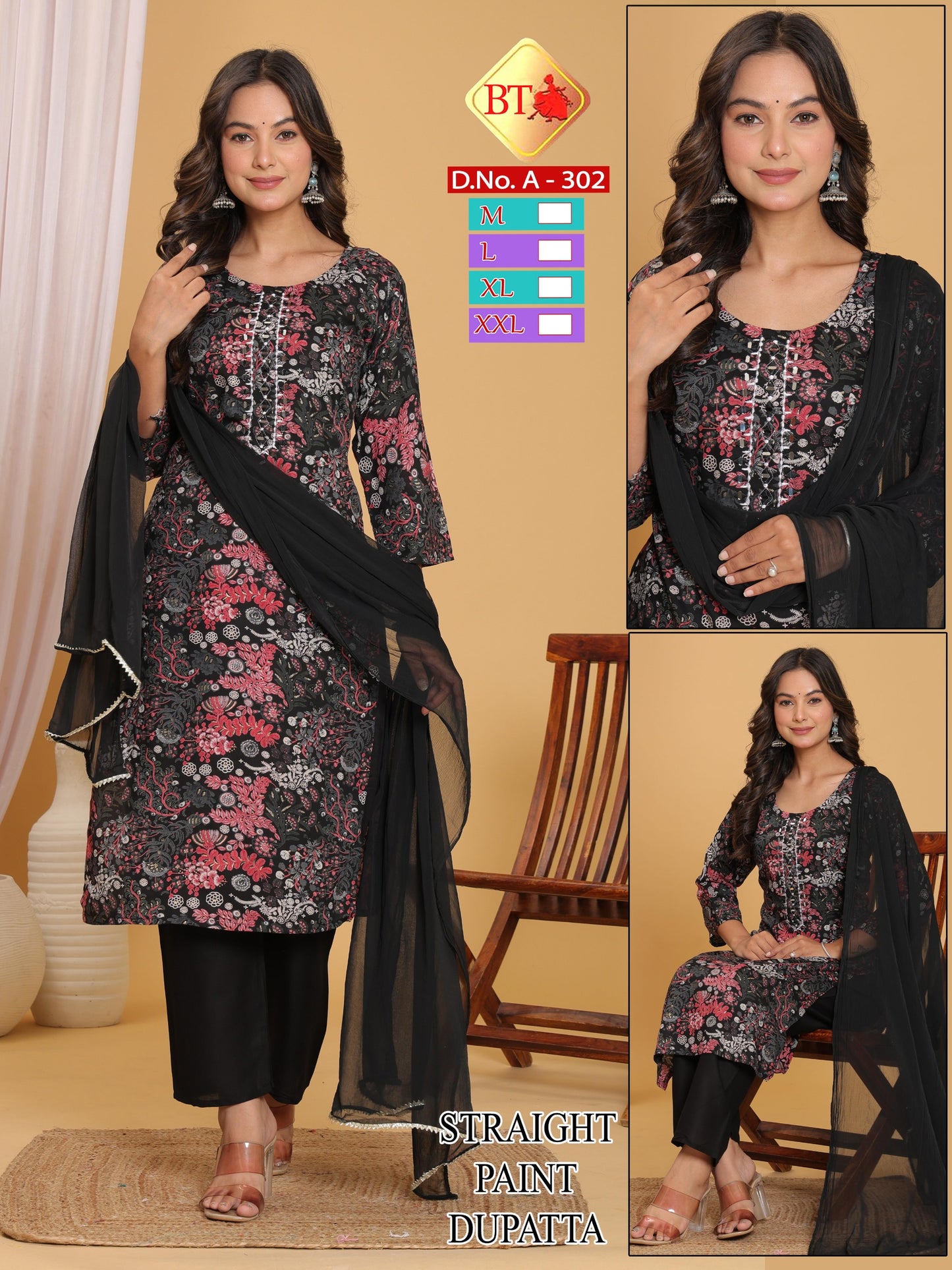 Mirror Pattern Kurti Boat Neck Rayon 3pc Set – Combo of 4