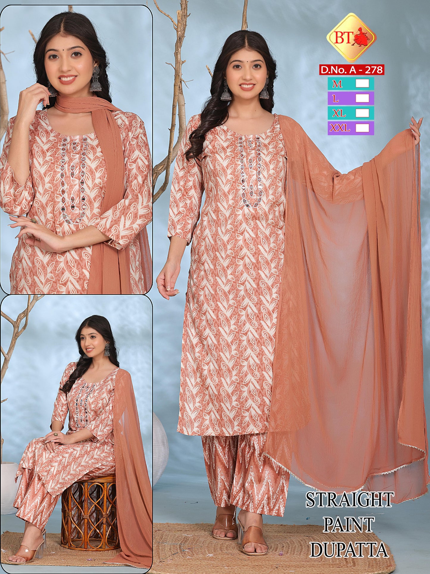 Mirror Pattern Kurti Boat Neck Rayon 3pc Set – Combo of 4