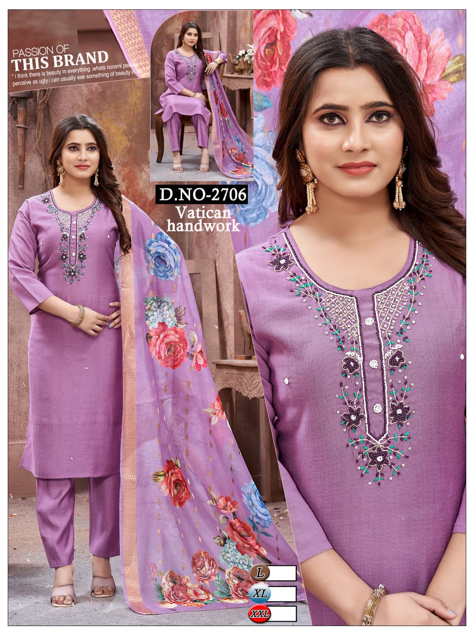 Roman silk Heavy Handwork 3pc with Fancy Orgenza Dupatta