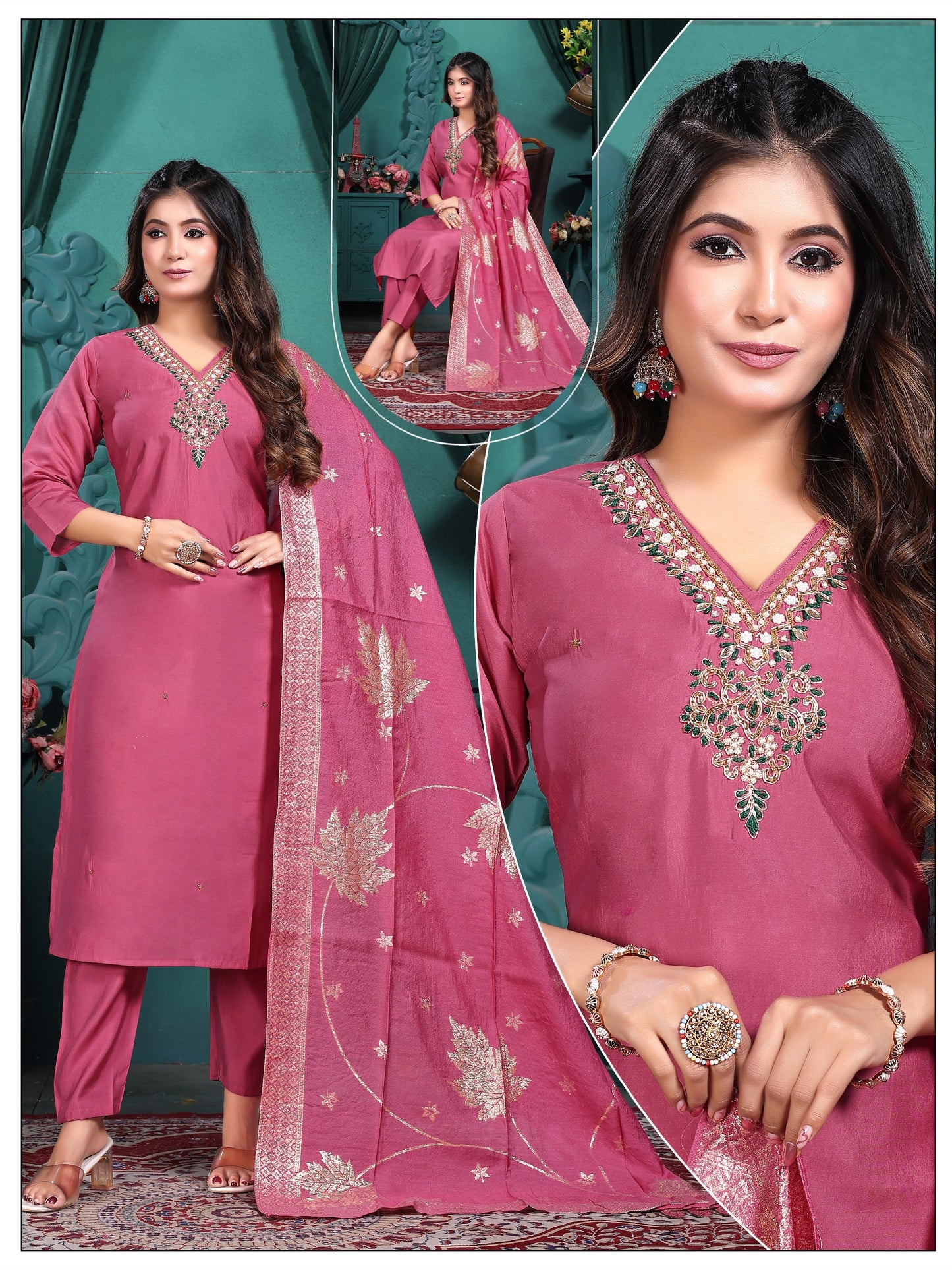 Premium Roman Silk Handwork Kurta With Premium Dupatta 3pc set