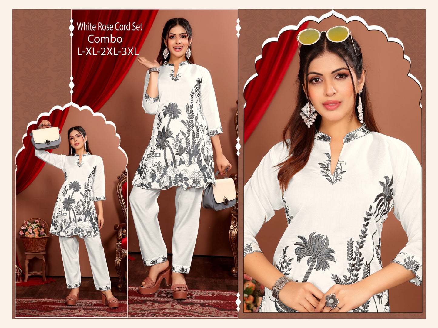 Chic White Rose Embroided Cord Set