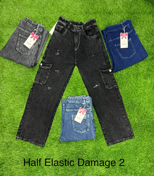 6 Pocket distressed Wide leg Half elastic Jeans