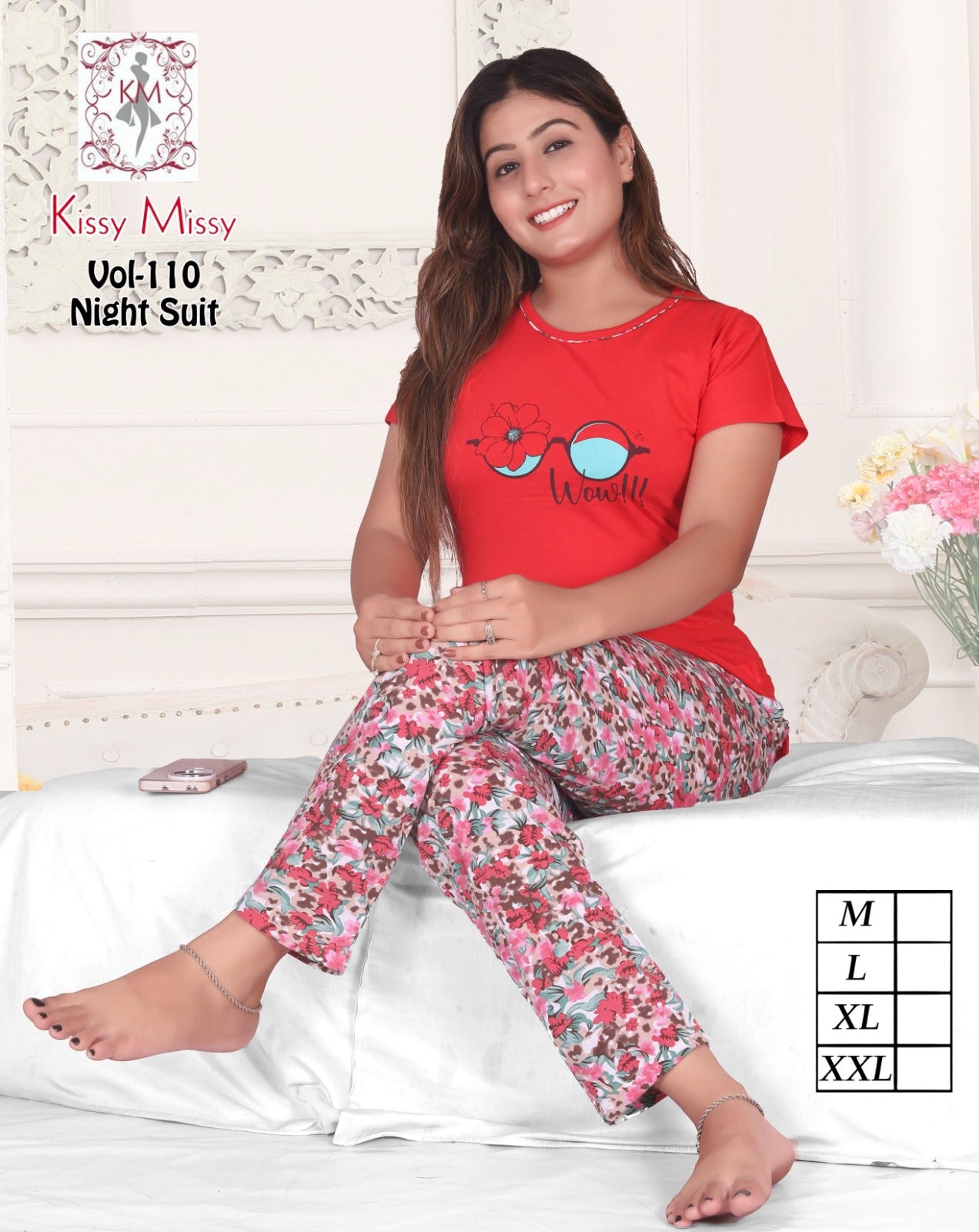 Girls' Lycra Printed Night Suit - kisssy messy