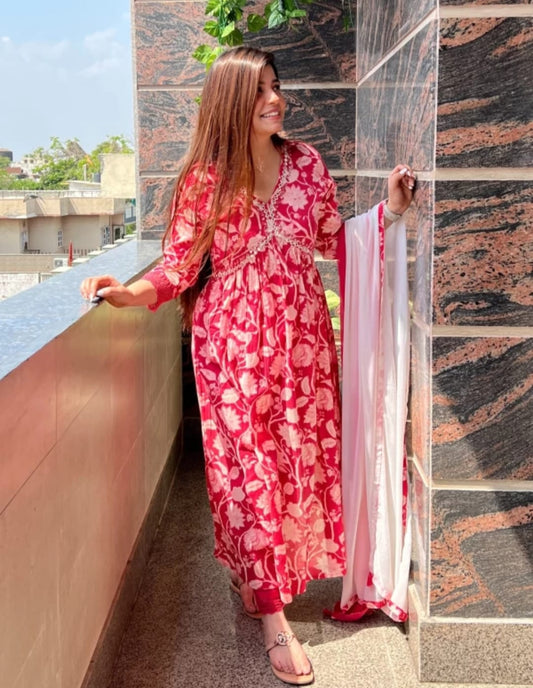 Cotton Anarkali Kurti with Pant and Dupatta