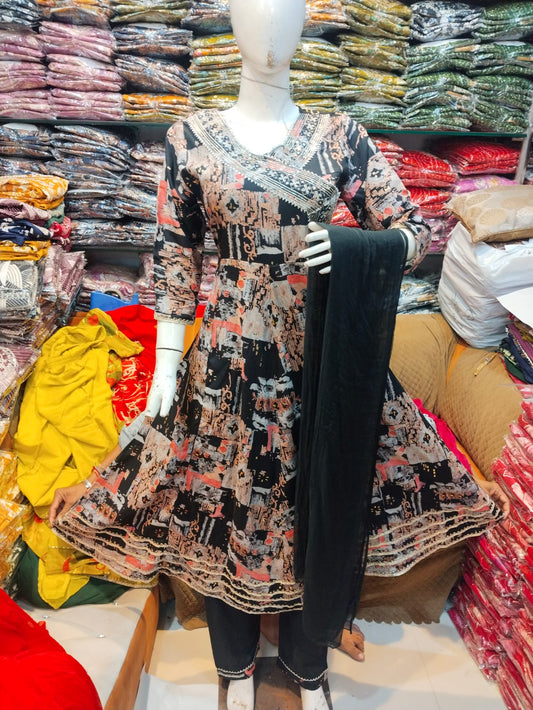 Rayon foil Angrakha frock 3pc