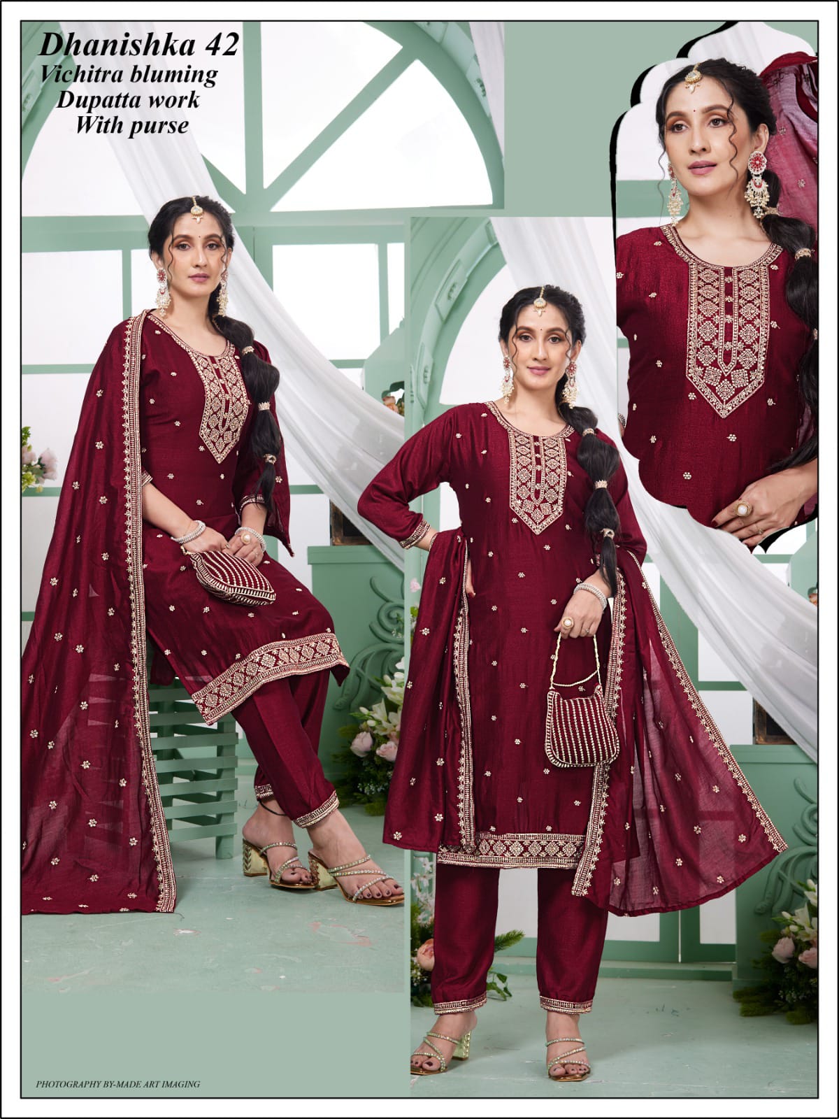 Vichitra 3-Piece Suit Set with Embroidery
