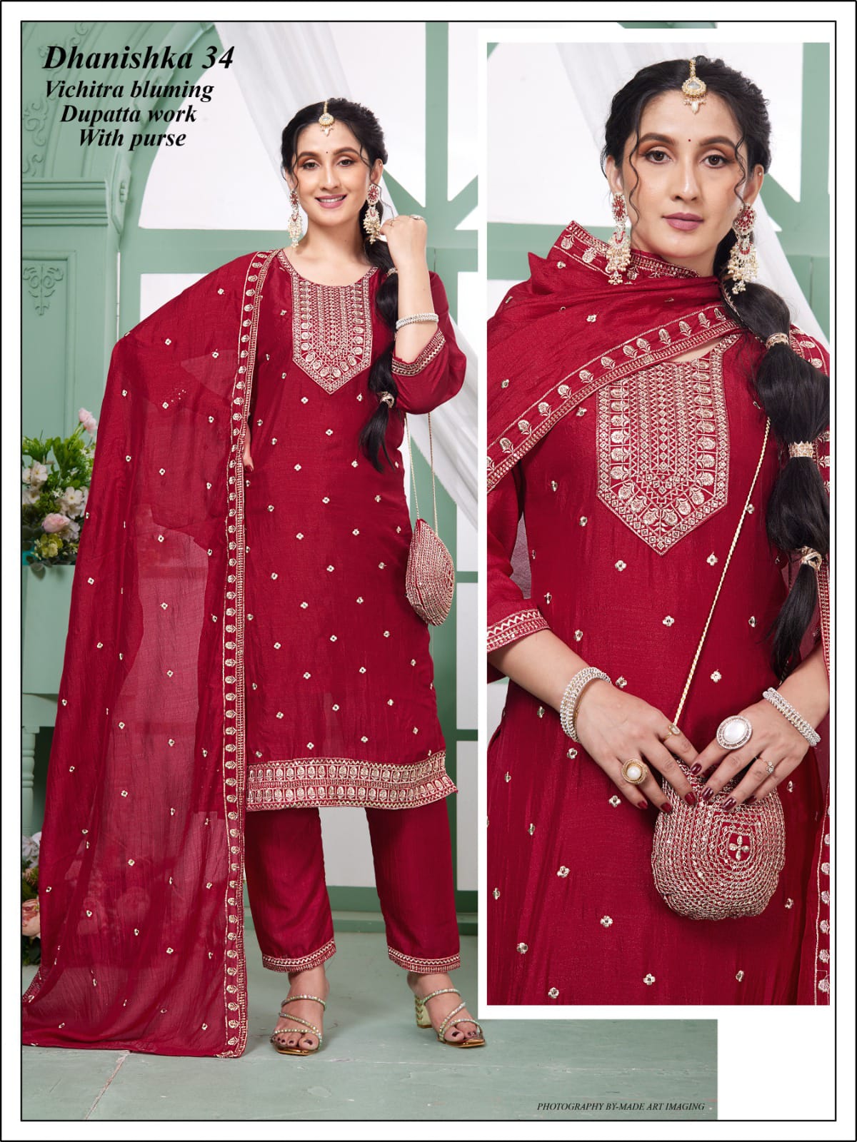 Vichitra 3-Piece Suit Set with Embroidery