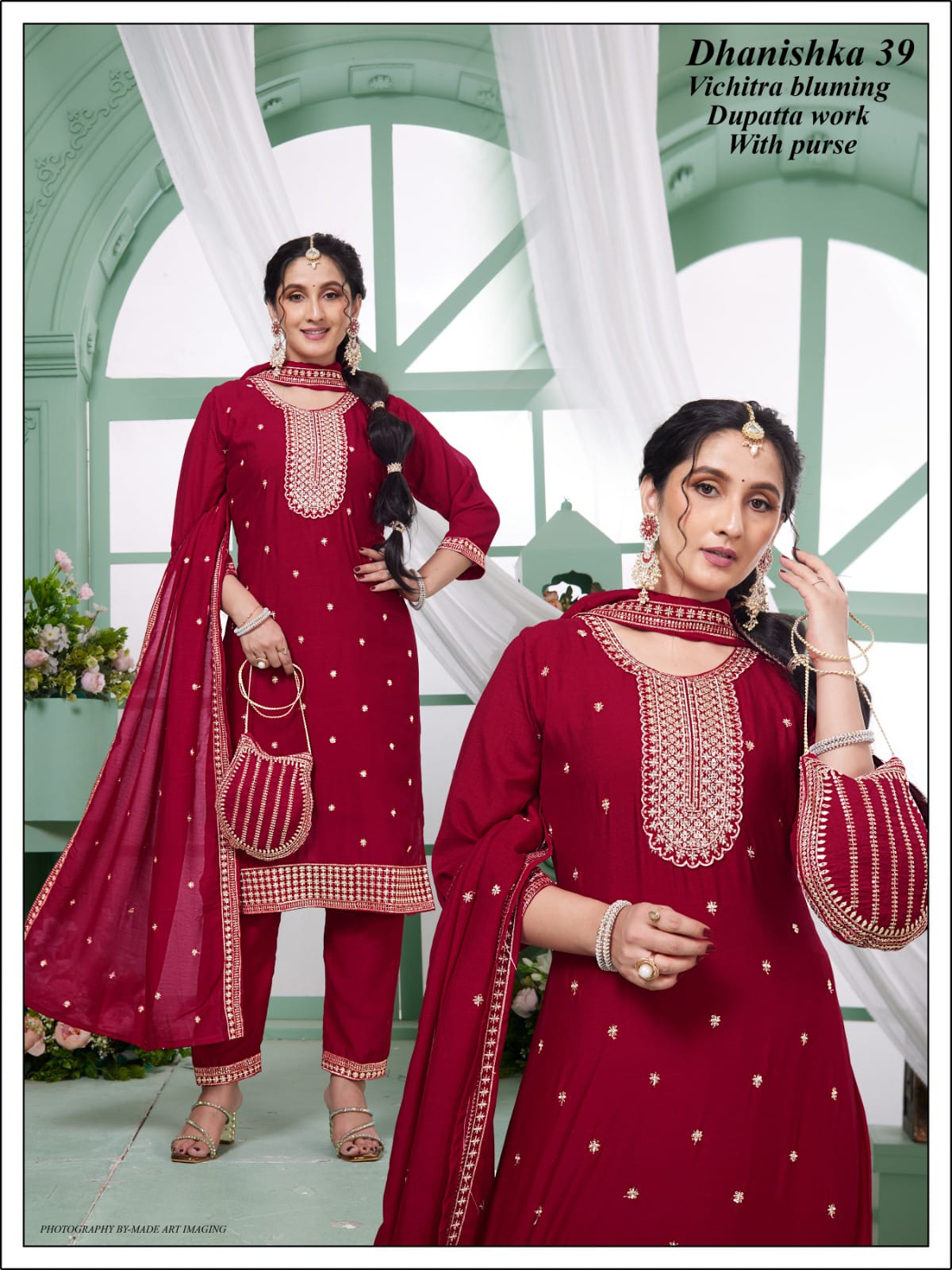 Vichitra 3-Piece Suit Set with Embroidery