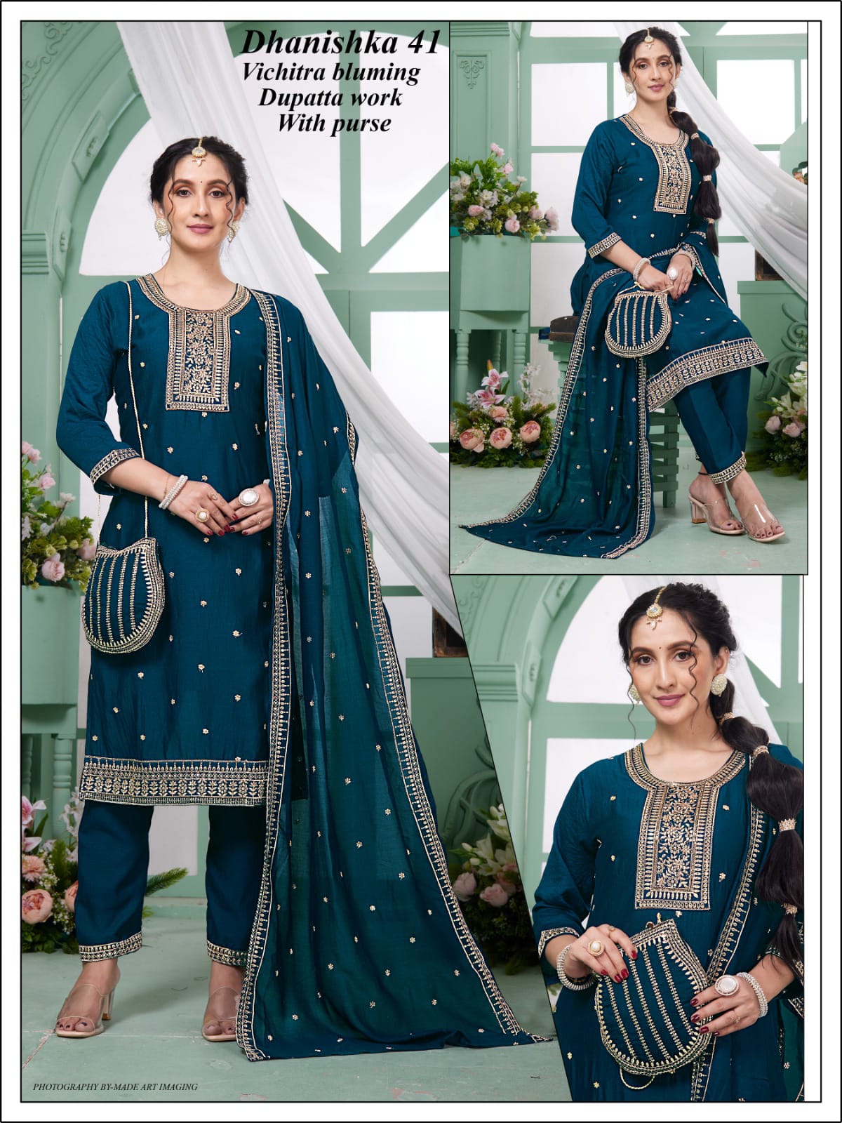 Vichitra 3-Piece Suit Set with Embroidery