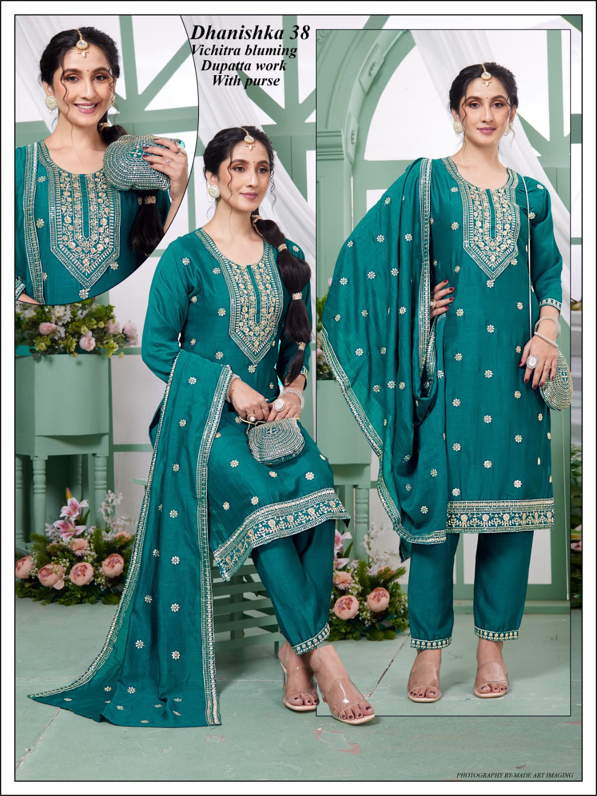 Vichitra 3-Piece Suit Set with Embroidery