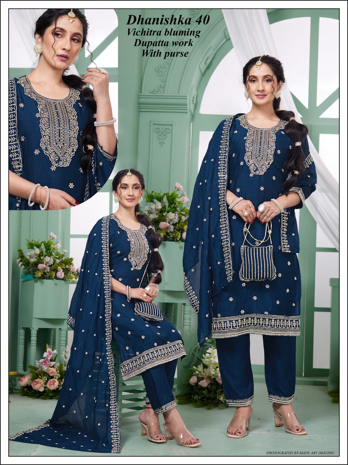 Vichitra 3-Piece Suit Set with Embroidery