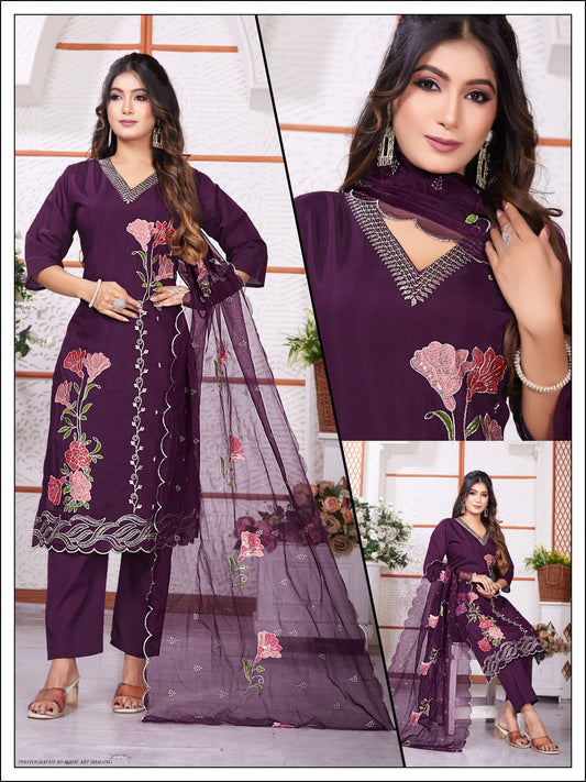 Roman silk 3-Piece Suit Set with Embroidery