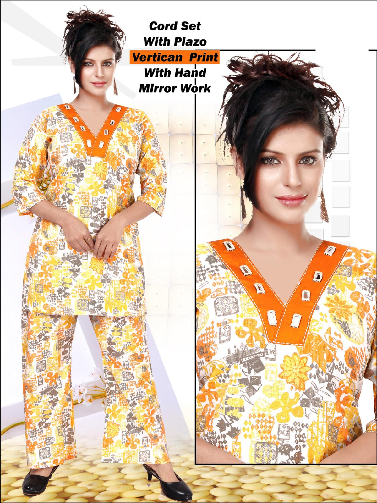 Vertican Print Co-ord Set with Hand Mirror Work