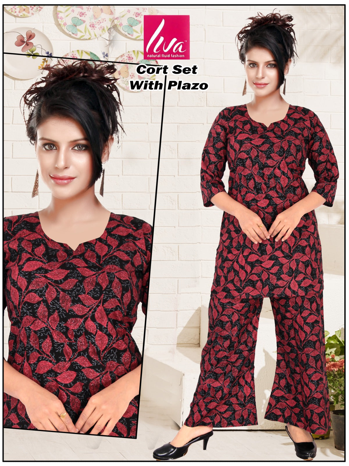 Reyon Print Co-ord Set with Hand Mirror Work